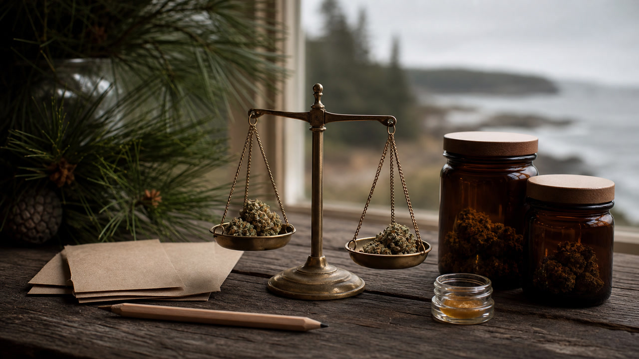 A brass balance scale weighing cannabis flower beside two amber jars on a Maine-inspired wooden table