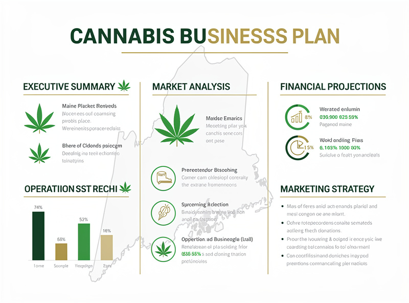 Maine cannabis dispensary business plan components infographic: executive summary, market analysis, operations, financial projections, marketing