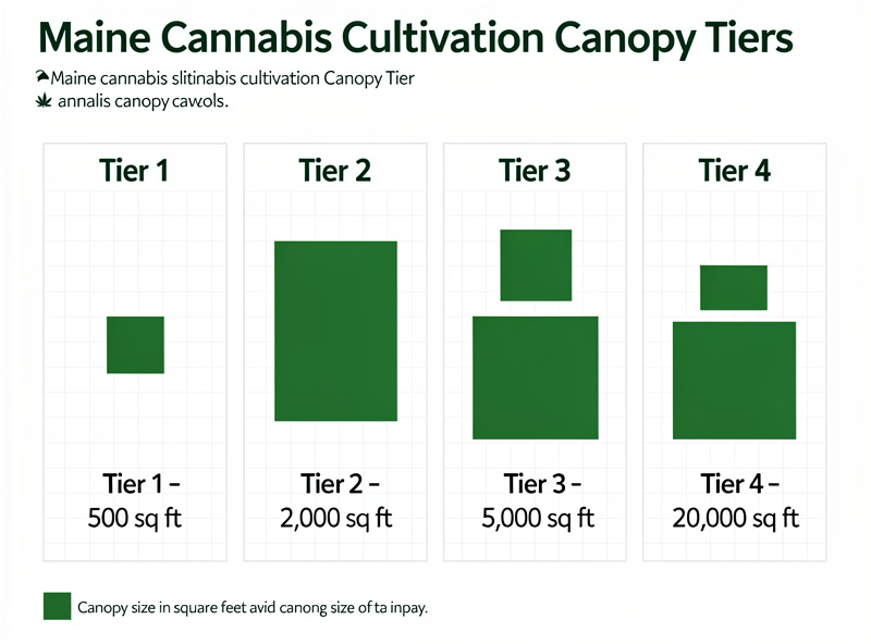 Maine cannabis cultivation license tiers: Tier 1 through Tier 4 with canopy size comparison