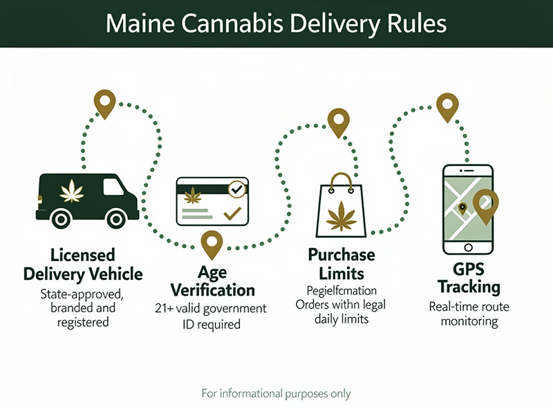 Maine cannabis delivery rules: licensed vehicle, age verification, purchase limits, GPS tracking