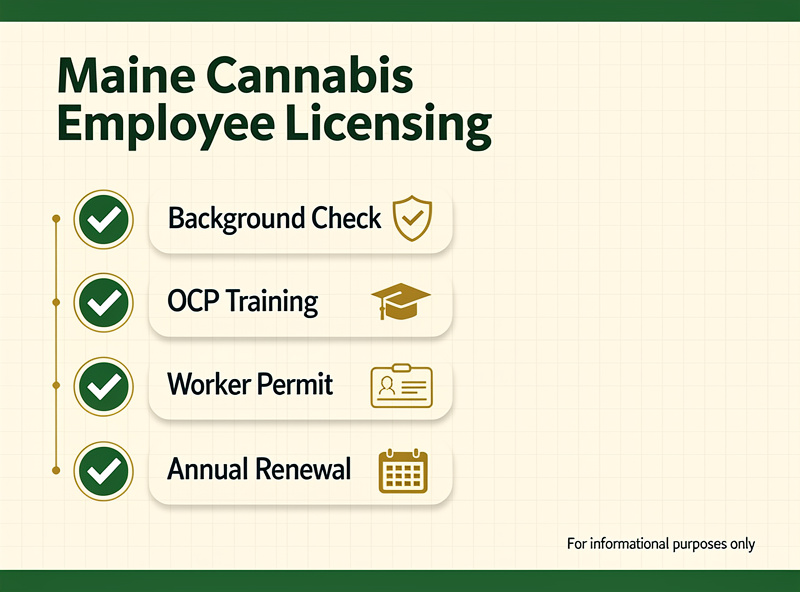 Maine cannabis employee licensing requirements infographic: background check, OCP training, worker permit, annual renewal