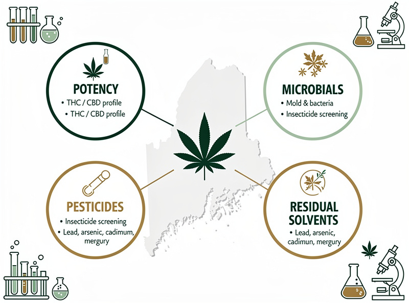 Maine cannabis product testing requirements infographic: potency, microbials, pesticides, heavy metals, residual solvents