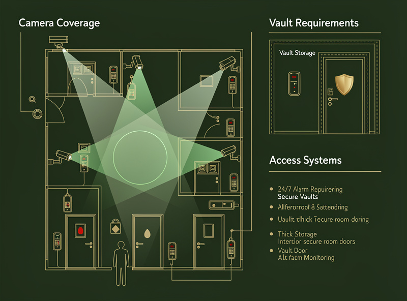 Maine cannabis dispensary security requirements: camera coverage, vault, alarm systems, access control