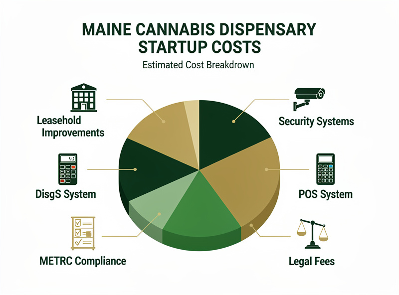 Maine cannabis dispensary startup cost breakdown: leasehold improvements, security, POS, fixtures, METRC, legal fees