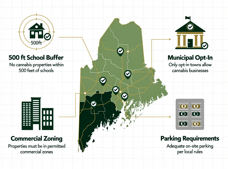Maine cannabis real estate zoning requirements infographic: 500ft school buffer, municipal opt-in, commercial zoning, parking